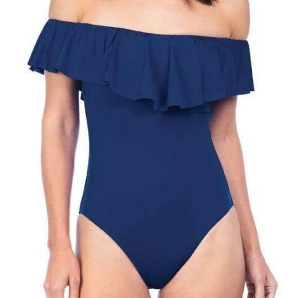 Trina Turk Blue Off Shoulder Ruffle Bandeau One Piece Swimsuit Size 4 - Picture 7 of 9